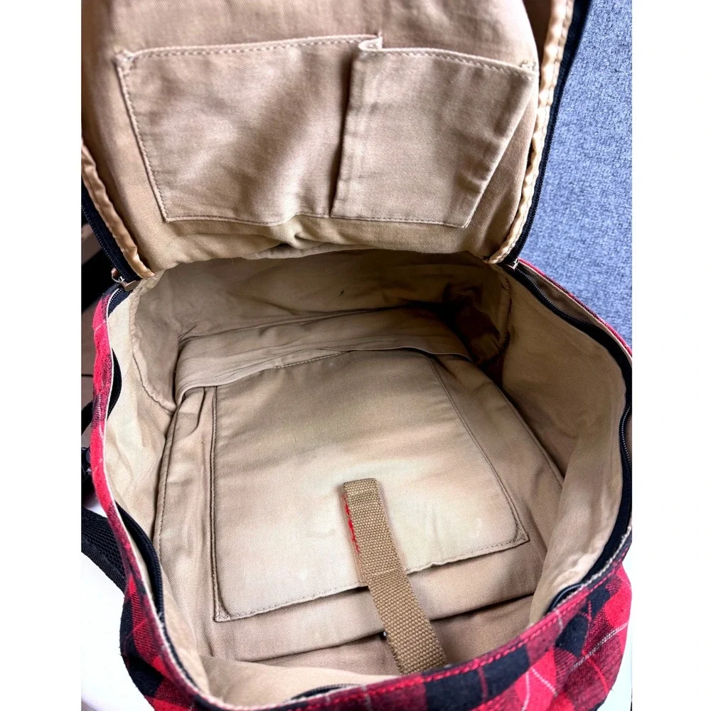 Vintage LL Bean Buffalo Plaid Backpack Red Black Wool Canvas Laptop Daypack EUC